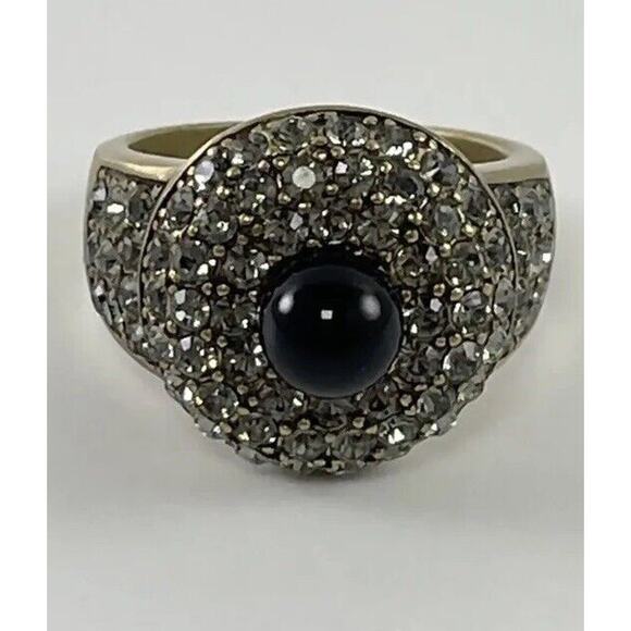 Heidi Daus Antiqued Gold Tone Black Faux Pearl Pave Crystal Cocktail Ring Sz 9.5 - Picture 1 of 9